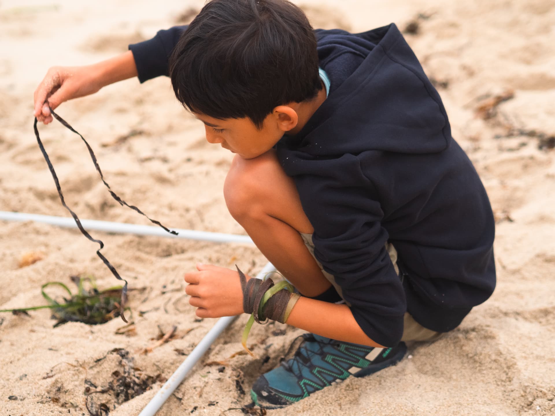 Enfant jouant avec des algues sur la plage